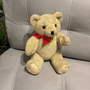 Creative Marketing Concepts Vintage Plush Jointed Bear Beige Red Ribbon 12 Inch